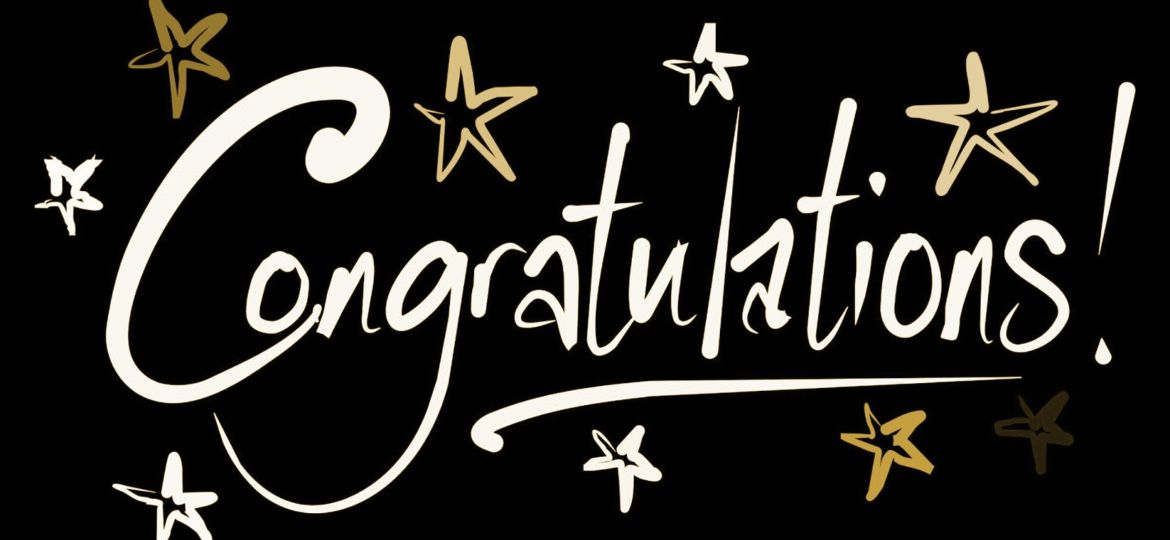 The word Congratulations! is written in large, white script on a black background, surrounded by gold and white stars.