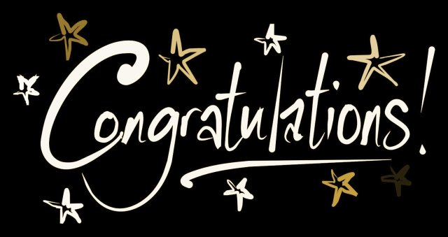 The word Congratulations! is written in large, white script on a black background, surrounded by gold and white stars.