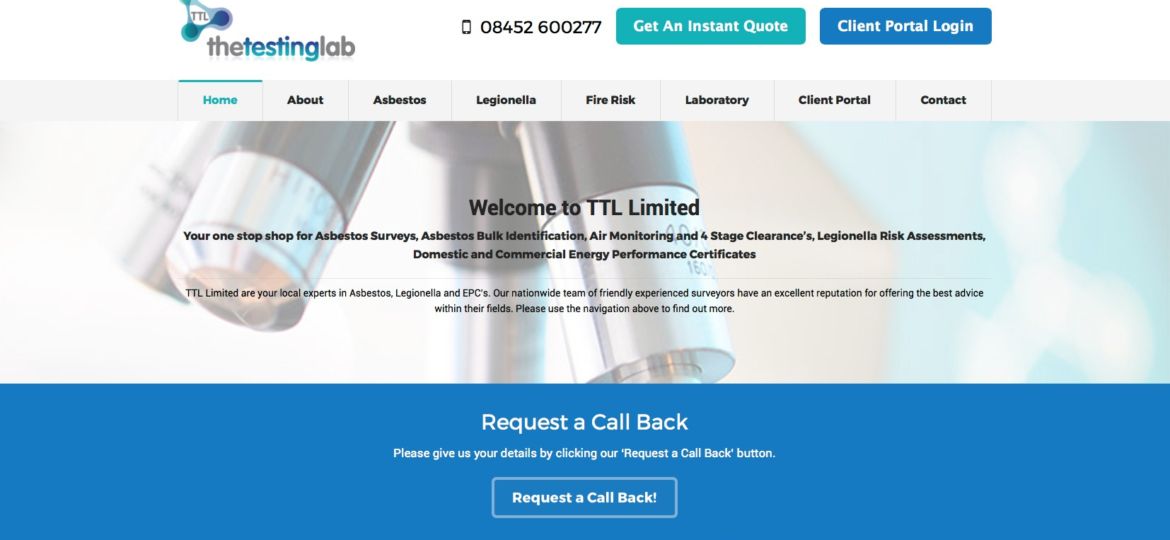 Screenshot of The Testing Labs website homepage, featuring the logo, navigation menu, contact details, call-to-action buttons, and a Request a Call Back section with a close-up image of a microscope in the background.