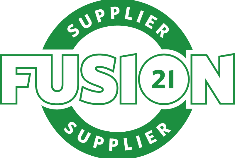 Green and white logo with the word FUSION in bold, outlined letters; the “O” contains the number 21. A green circular band surrounds the text with SUPPLIER written at the top and bottom.