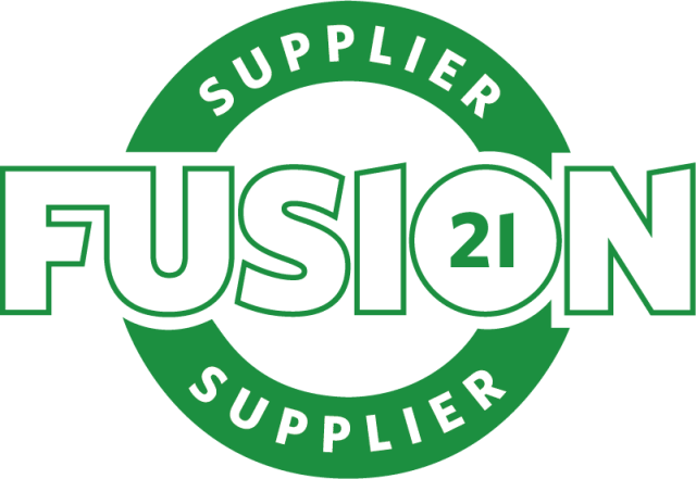 Green and white logo with the word FUSION in bold, outlined letters; the “O” contains the number 21. A green circular band surrounds the text with SUPPLIER written at the top and bottom.