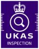 The UKAS Inspection logo features a white magnifying glass inside a circle, topped with a crown, on a blue background. UKAS INSPECTION is written below in bold white letters. The UKAS Inspection logo features a white magnifying glass inside a circle, topped with a crown, on a blue background. UKAS INSPECTION is written below in bold white letters.