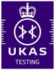 UKAS Testing logo: A white crown above a circle with abstract symbols inside, on a purple background. UKAS is written in bold white letters below, with TESTING in smaller text underneath.