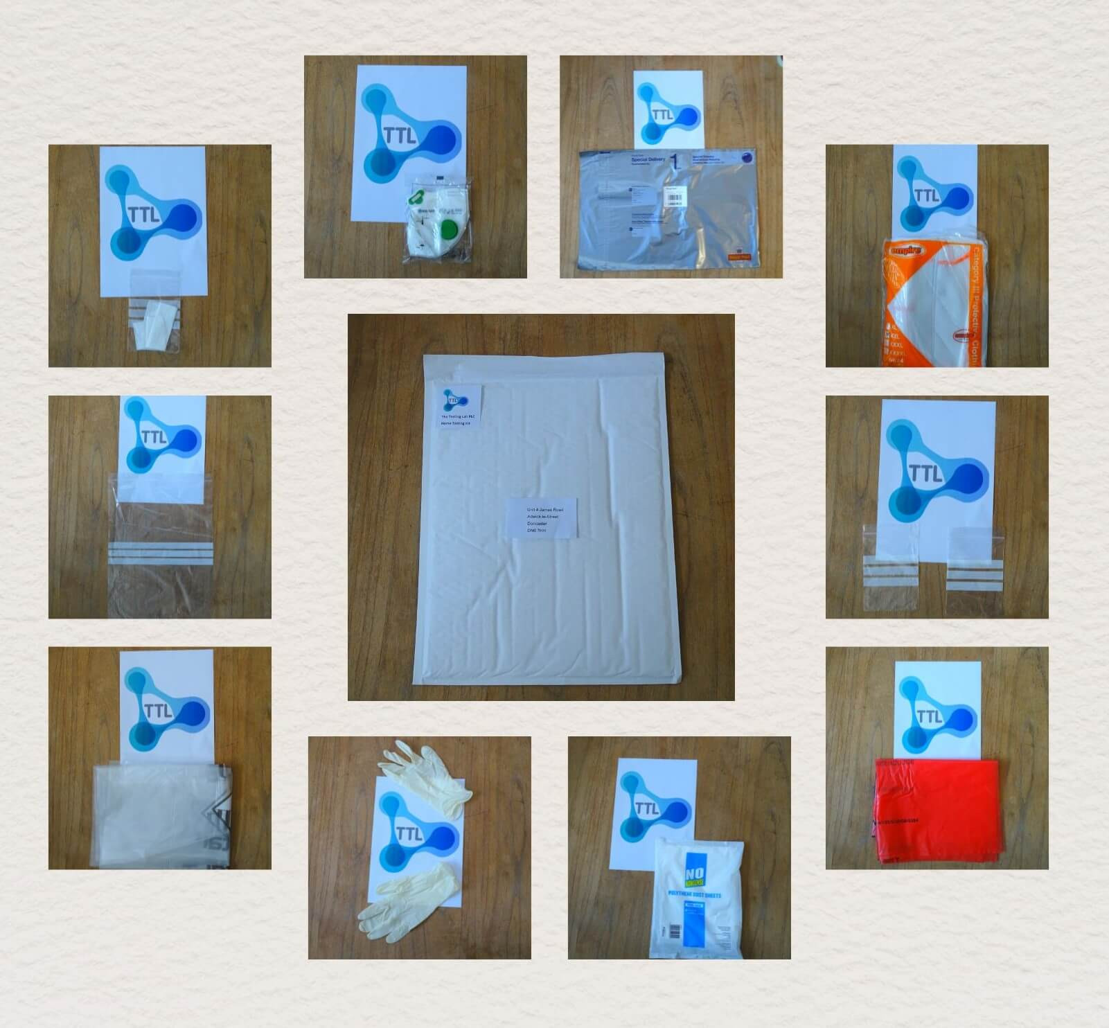 A collection of medical or laboratory kit components, including gloves, bags, pouches, and instructions, each laid out individually on a wooden surface and displayed in a grid format.