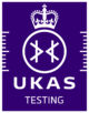 UKAS Testing logo featuring a crown above a circle with two interlocked “K” symbols inside, and the words UKAS TESTING below, all in white on a dark purple background. UKAS Testing logo featuring a crown above a circle with two interlocked “K” symbols inside, and the words UKAS TESTING below, all in white on a dark purple background.