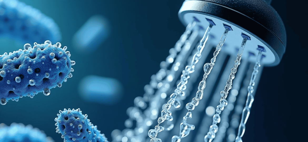 Close-up illustration of water flowing from a showerhead with large, blue bacteria-like microbes in the foreground, highlighting the concept of germs or bacteria in shower water.