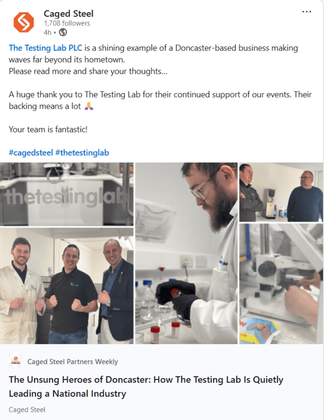 A LinkedIn post by Caged Steel features The Testing Lab PLC, showing several images of people in a laboratory setting, working with lab equipment, smiling, and posing together for group photos. #cagedsteel #thetestinglab.