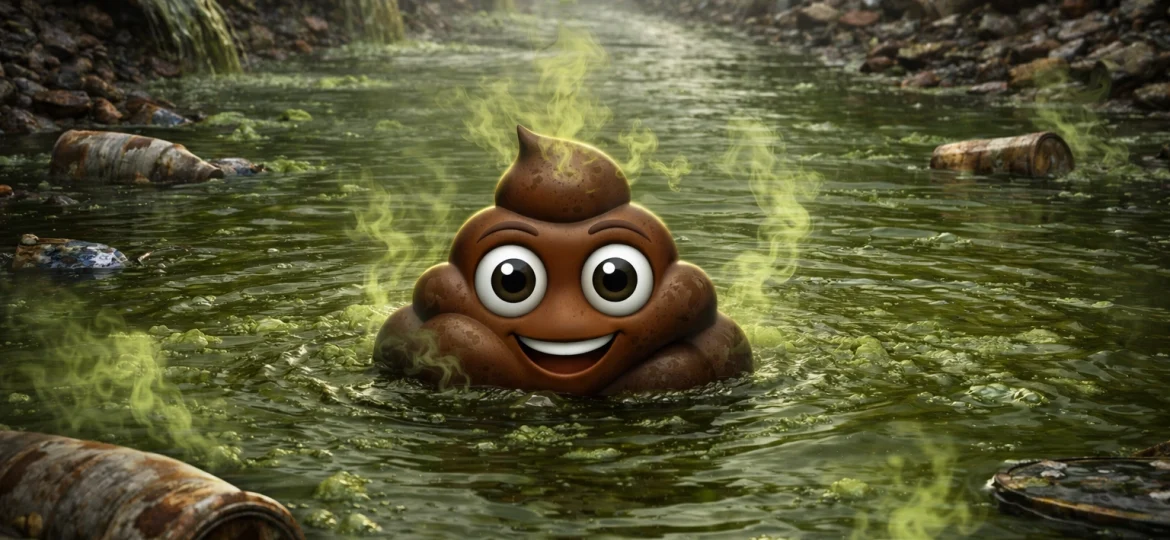 emoji pile of poo floating down a contaminated toxic gas river for effluent discharge permits img 1