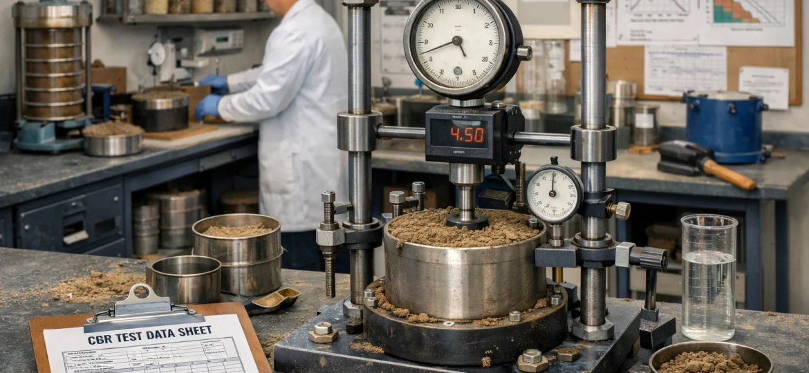 California Bearing Ratio (CBR) testing geotechnical lab scene img