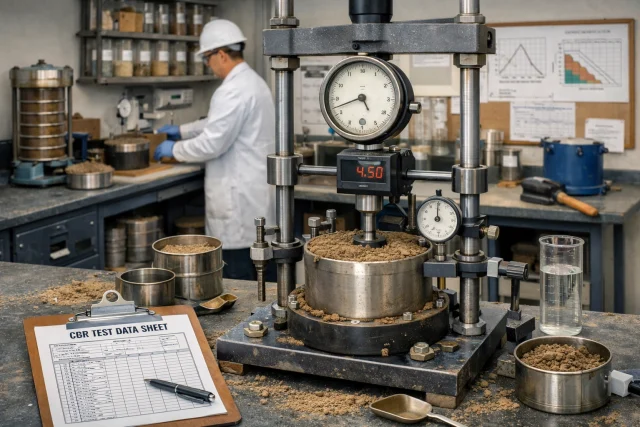 California Bearing Ratio (CBR) testing geotechnical lab scene img